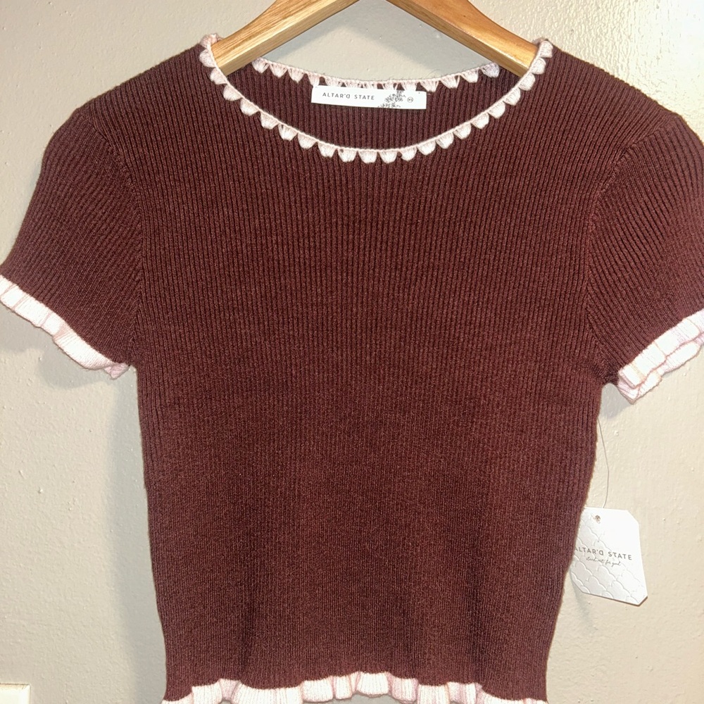 Altar'd State Brown Knit Tee with Pink Trim